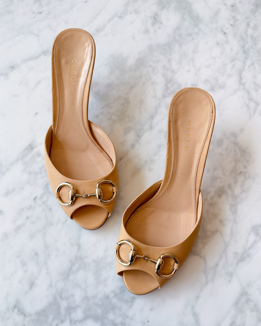 Gucci Horsebit Beige Leather Kitten Heels (37.5)