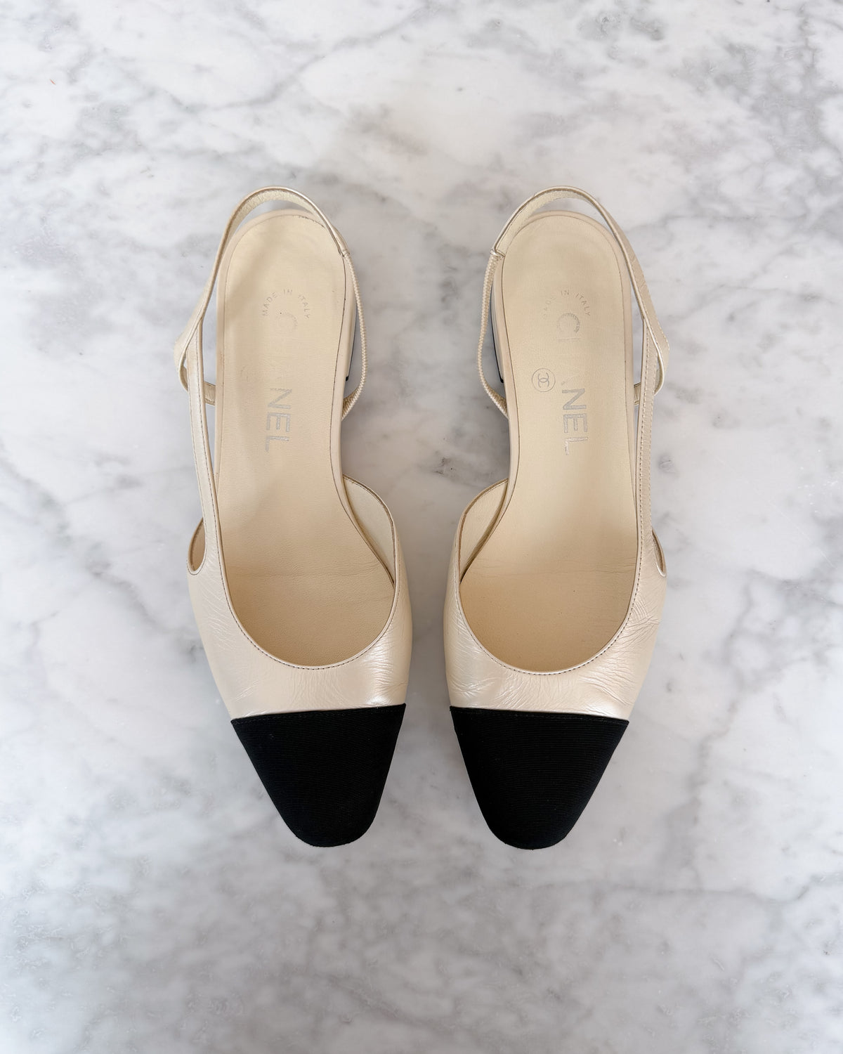 Chanel Pearl White & Black CC Cap Toe Slingbacks (36.5)