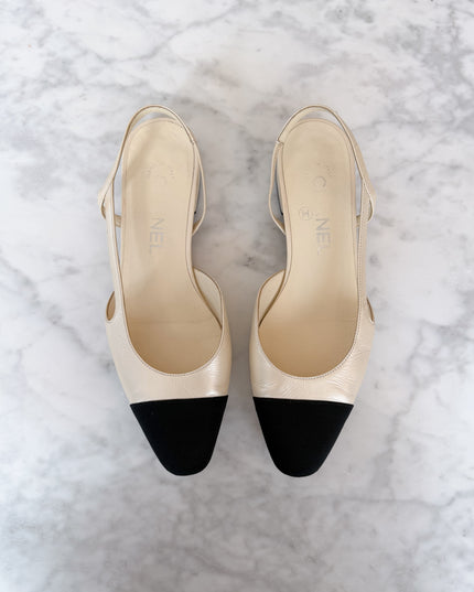 Chanel Pearl White & Black CC Cap Toe Slingbacks (36.5)