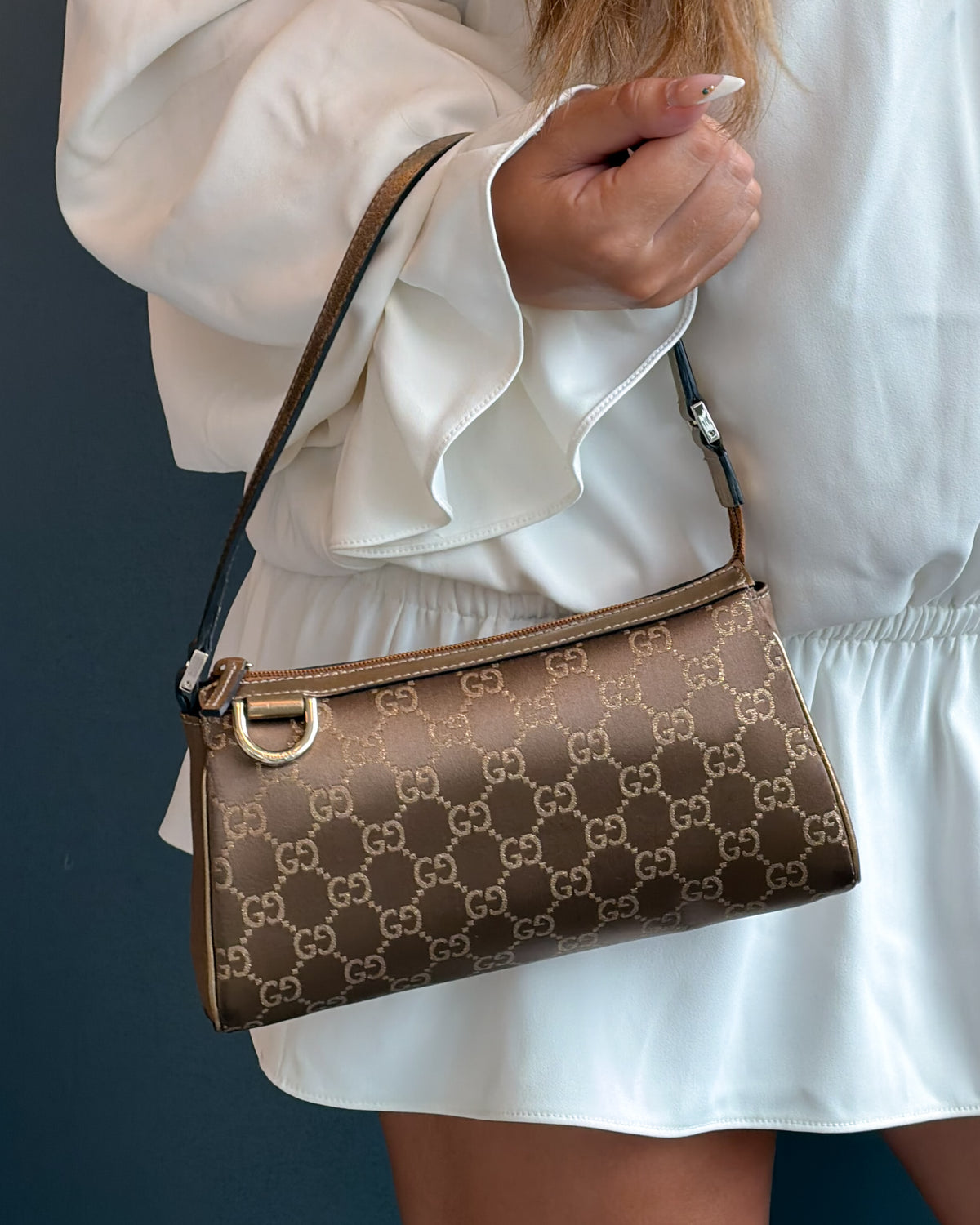 Gucci Bronze Brown GG Monogram Shimmer Satin & Leather Shoulder Bag with Gold Hardware