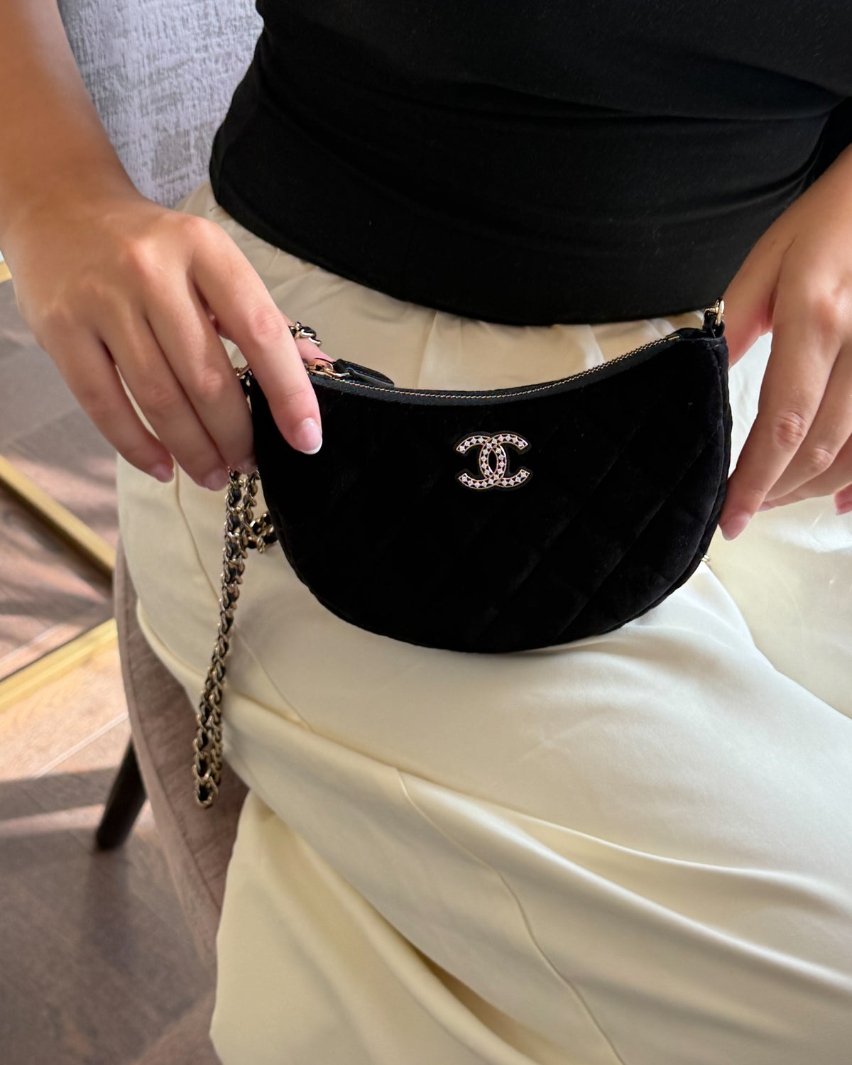 2024 Chanel Black Velvet Crystal CC Half Moon Bag