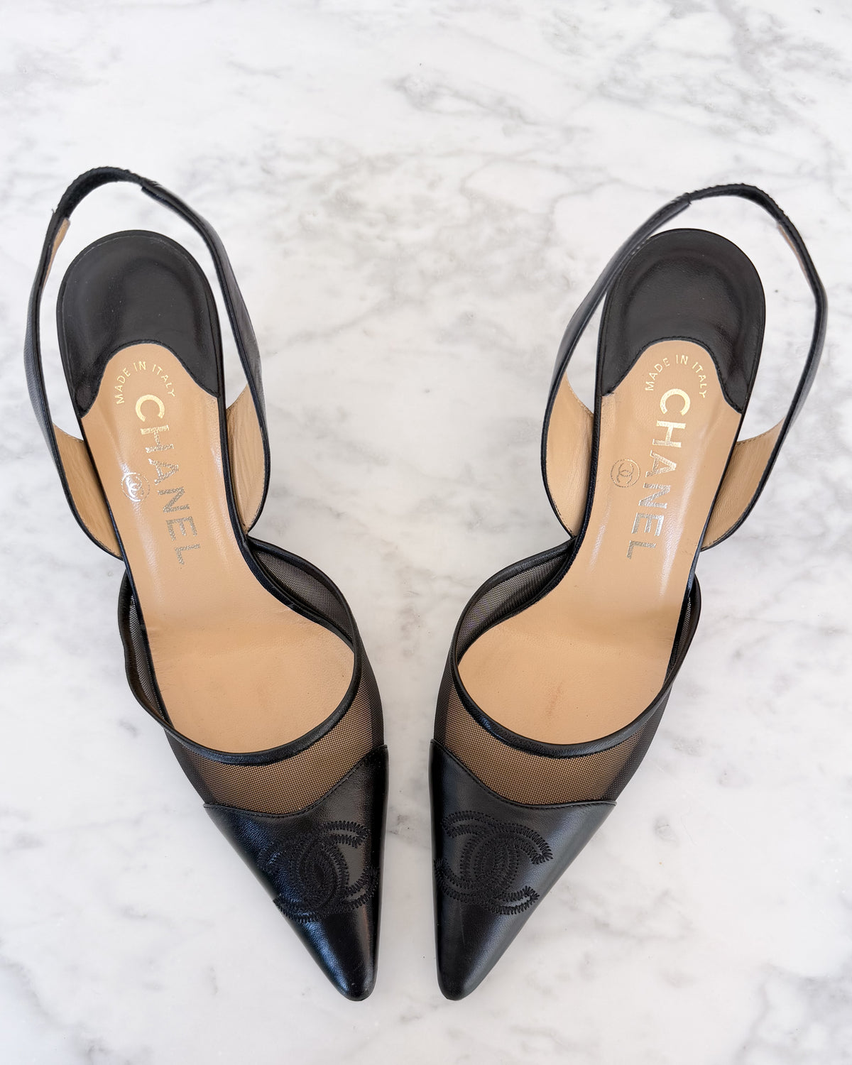 Chanel Black Mesh Slingback Kitten Heels (36.5) - VERY RARE