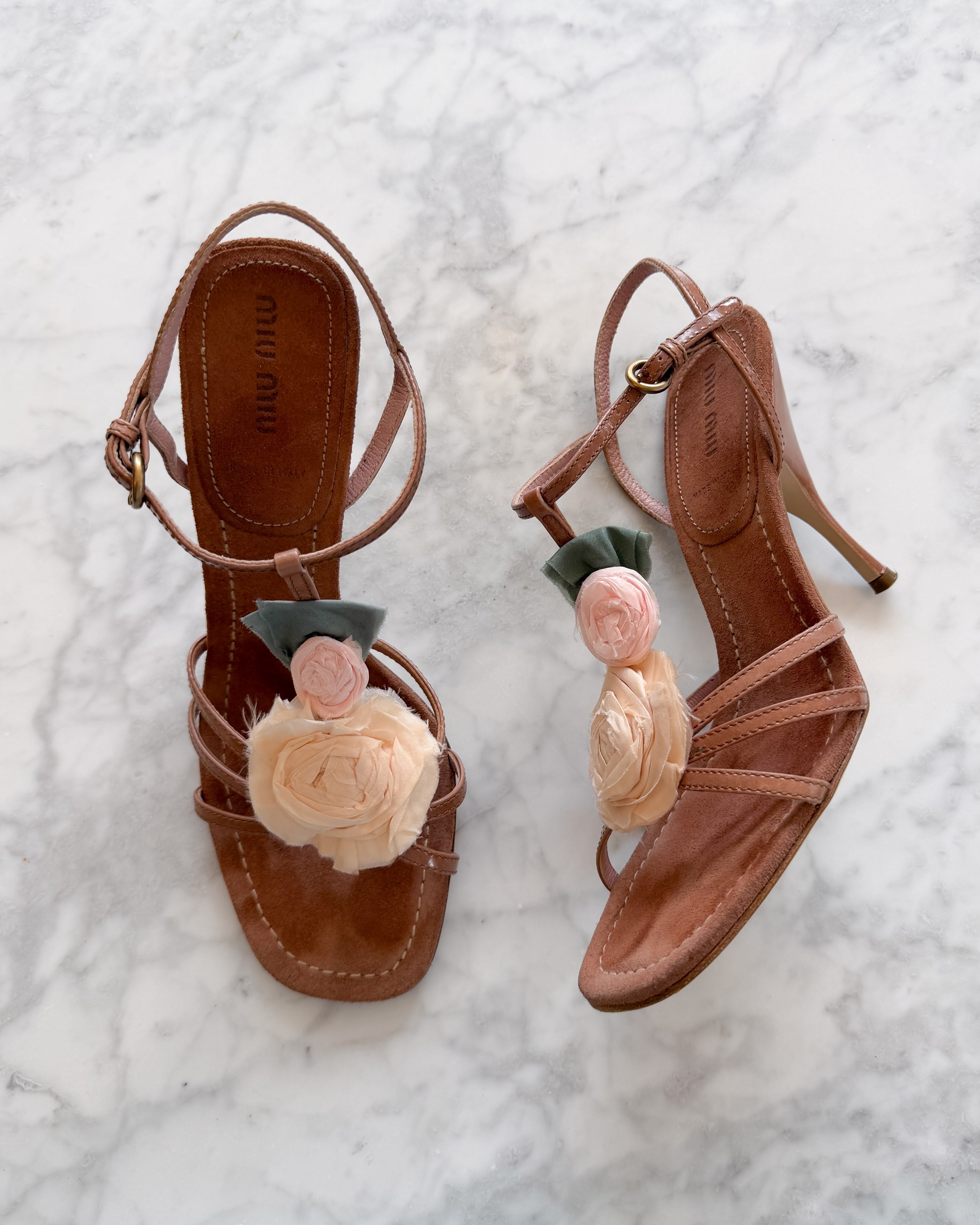 Miu Miu 2000s Silk Rose Floral Leather Strappy Heels (37.5)