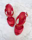 Chanel Watermelon Red Leather CC Logo Chain Open Toe Heels with Clover Charm (36.5)