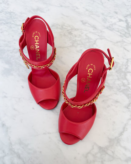 Chanel Watermelon Red Leather CC Logo Chain Open Toe Heels with Clover Charm (36.5)