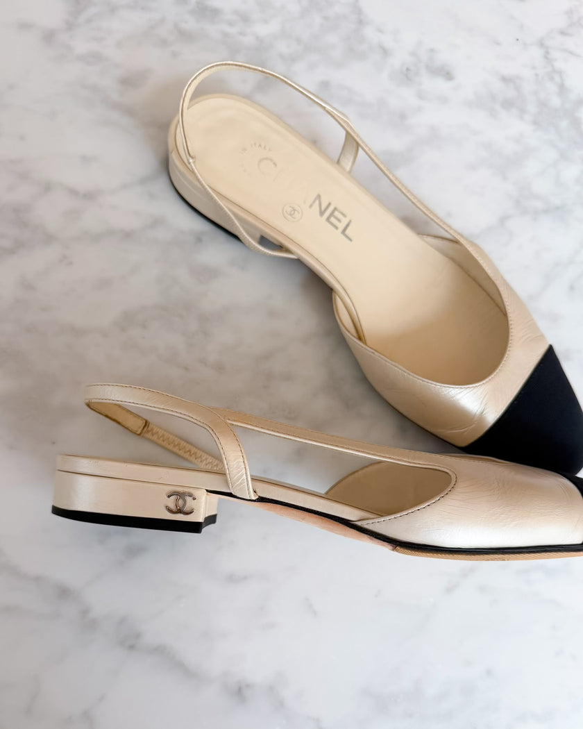 Chanel Pearl White & Black CC Cap Toe Slingbacks (36.5)
