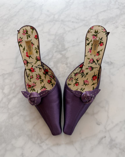 Prada 2000s Purple Satin Rose Print Mule Heels (36)