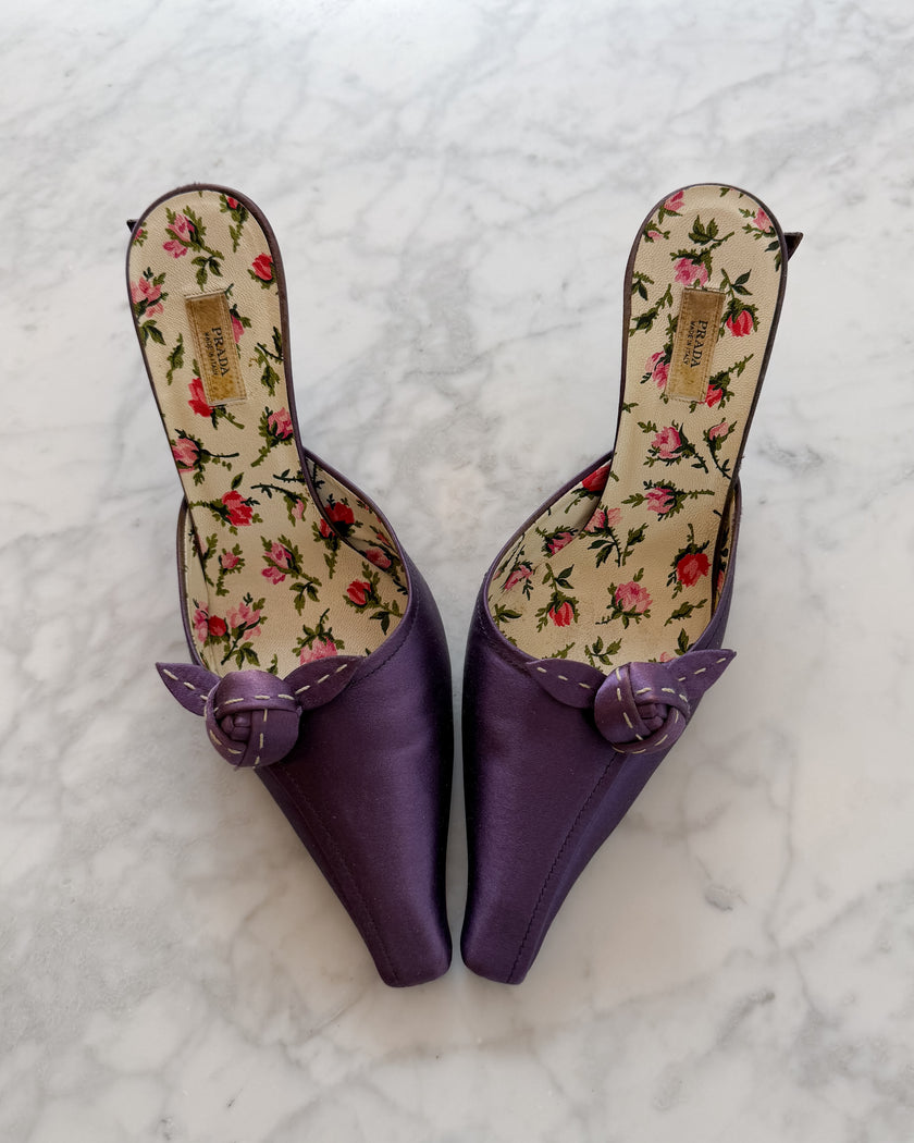 Prada 2000s Purple Satin Rose Print Mule Heels (36)