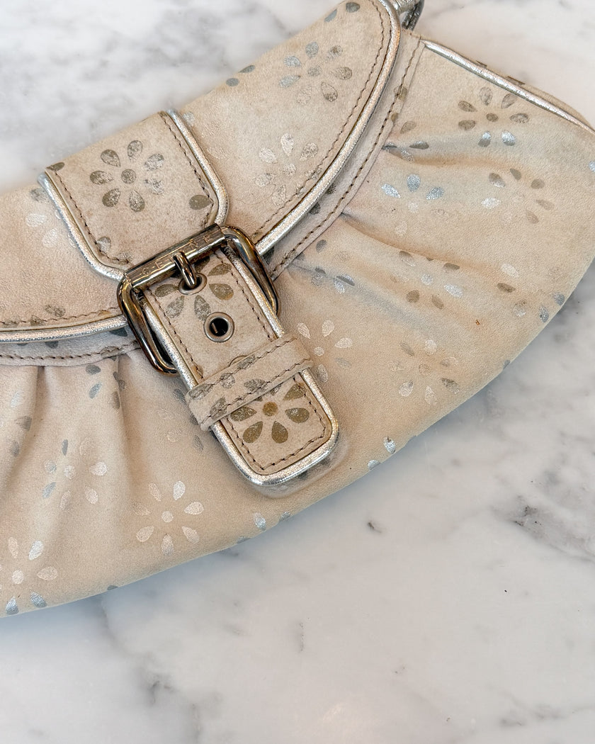 Celine Floral Suede Cream and Silver Shoulder Bag with Buckle