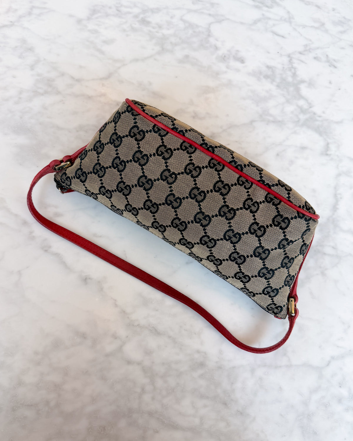 Gucci Boat Monogram Handbag with Red Handle