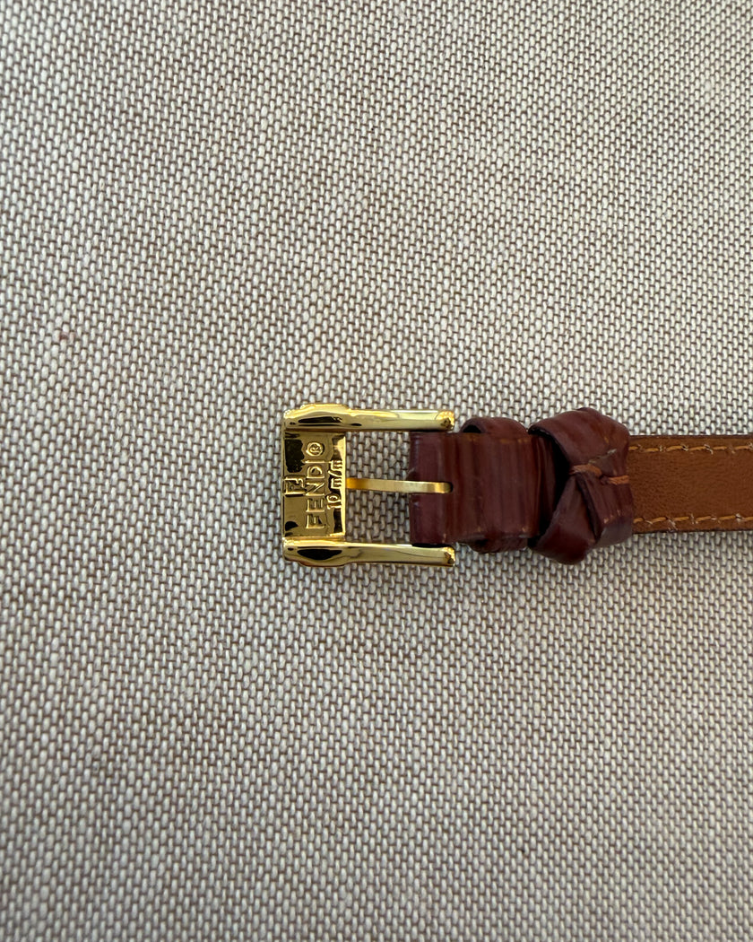 Vintage Fendi Gold Tone Watch with Brown Leather Strap