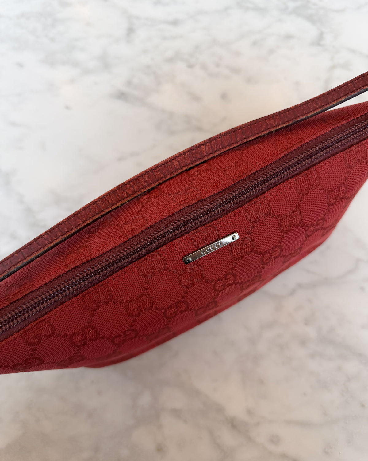 Gucci Red Boat Monogram Handbag with Red Handle
