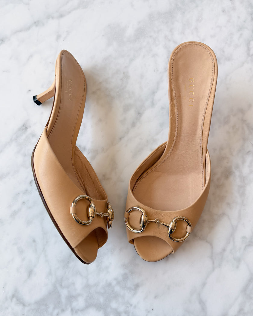Gucci Horsebit Beige Leather Kitten Heels (37.5)