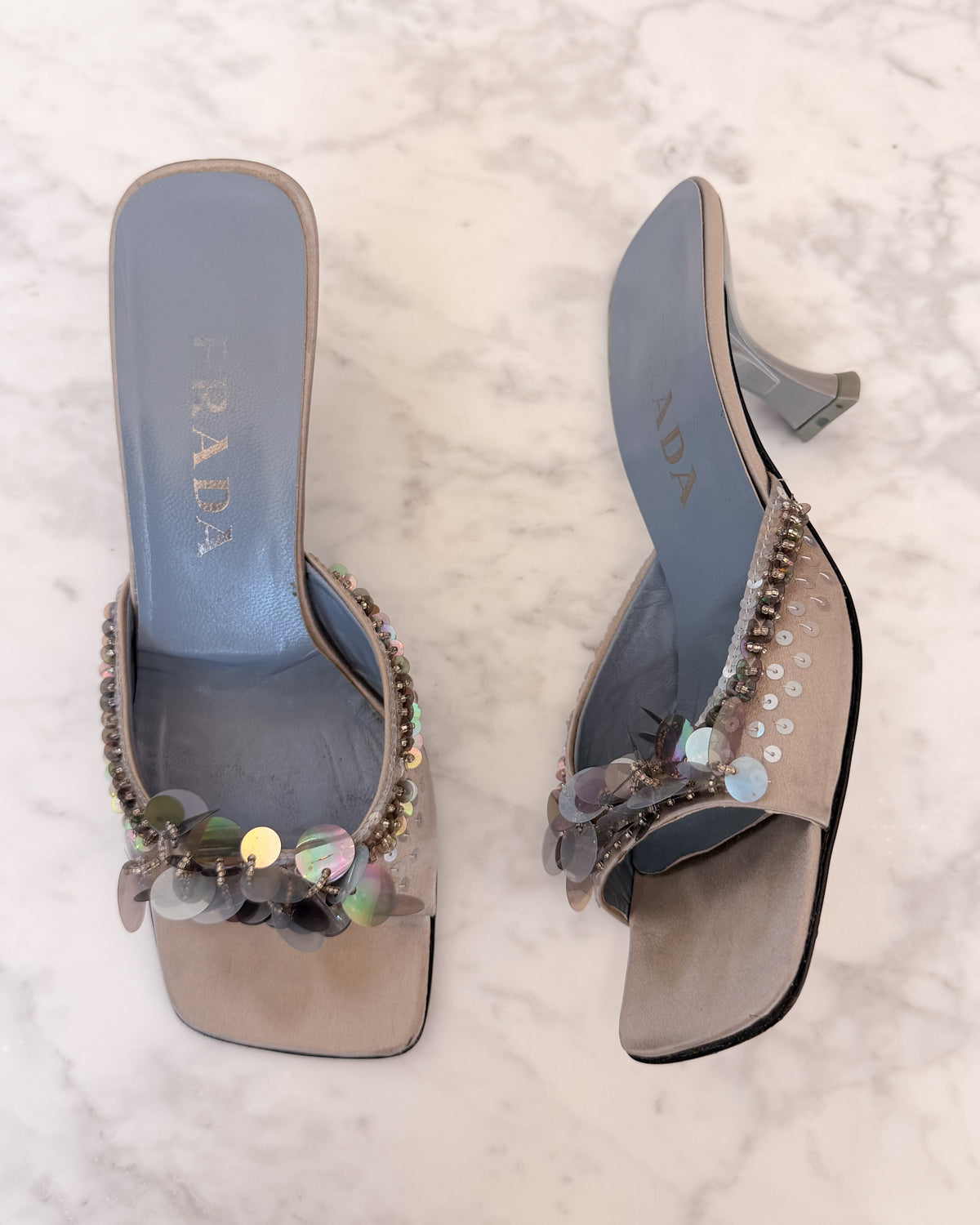 Archival Prada Silver & Baby Blue Satin Sequin Embellished Kitten Heel Mules (38) - VERY RARE