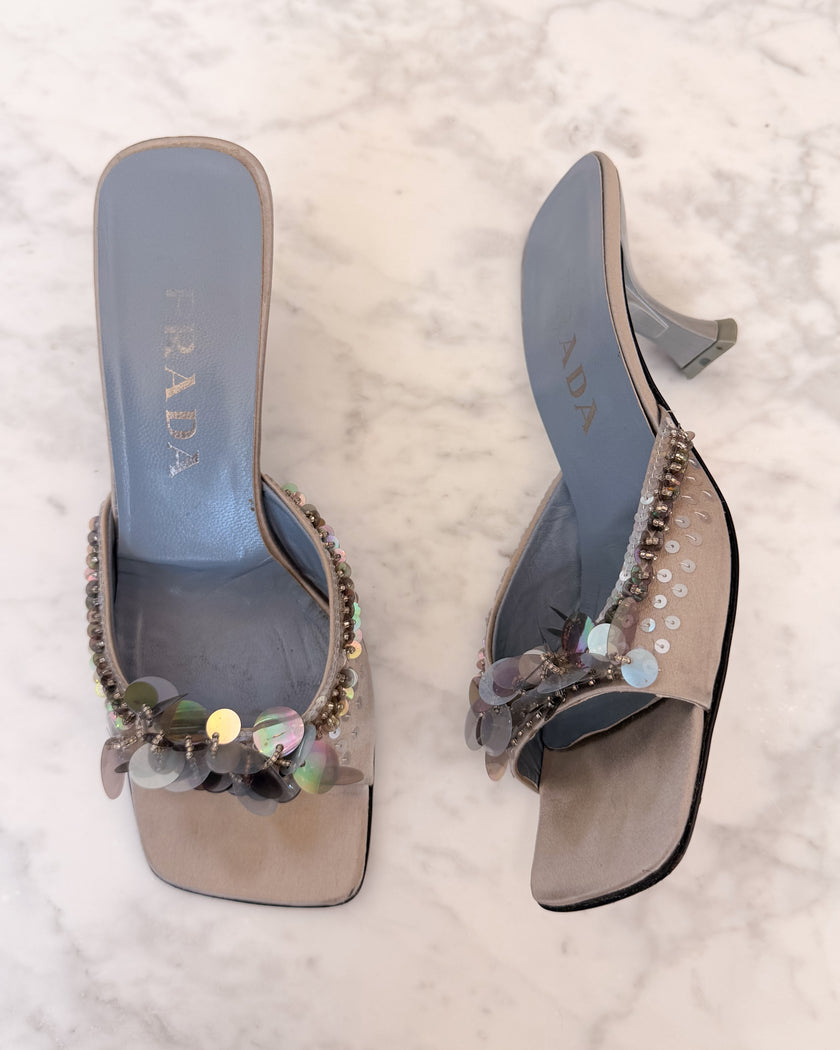 Archival Prada Silver & Baby Blue Satin Sequin Embellished Kitten Heel Mules (38) - VERY RARE