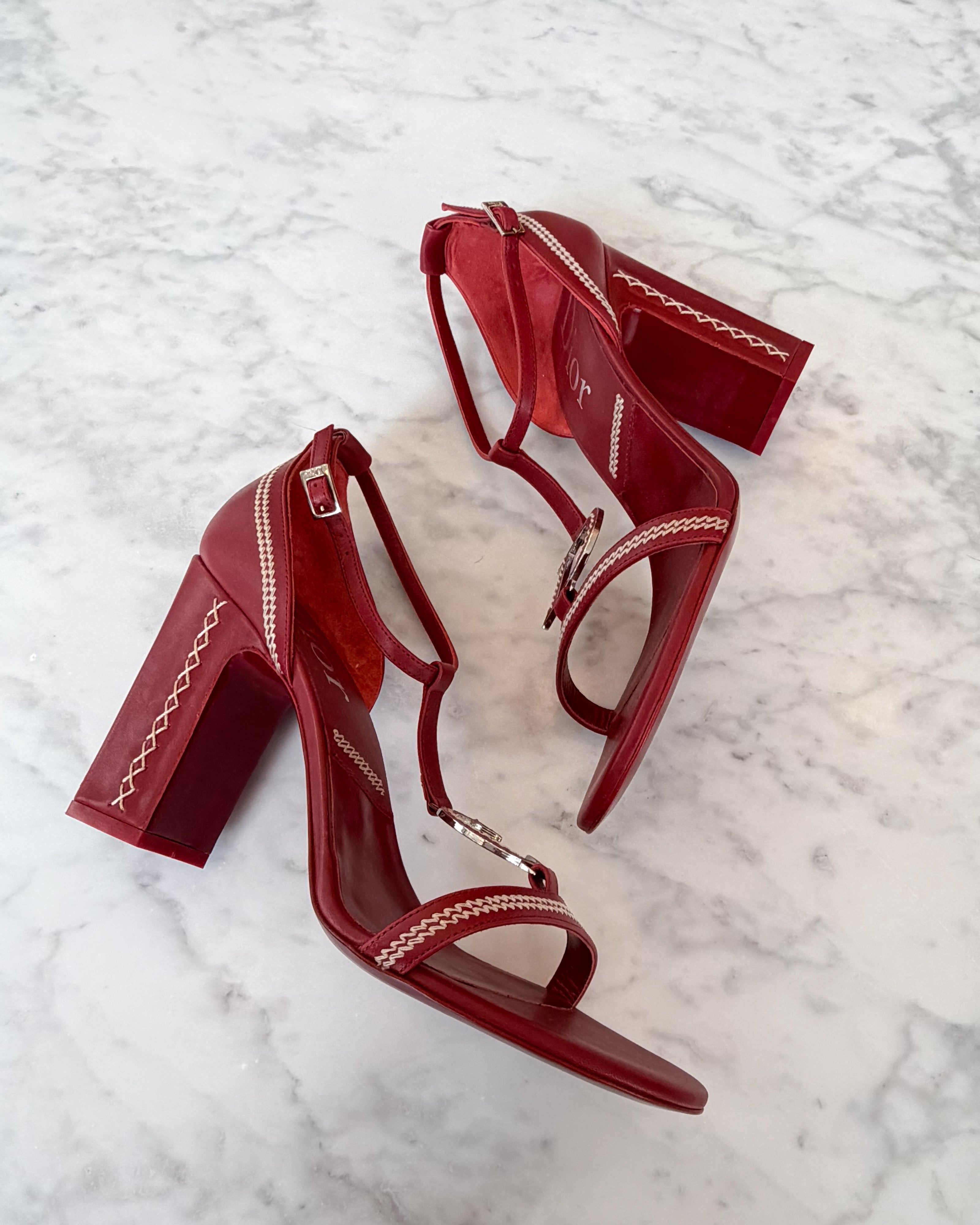 Dior by John Galliano S/S 2005 Red Leather CD Logo Strap Sandal Heels UNWORN (39)
