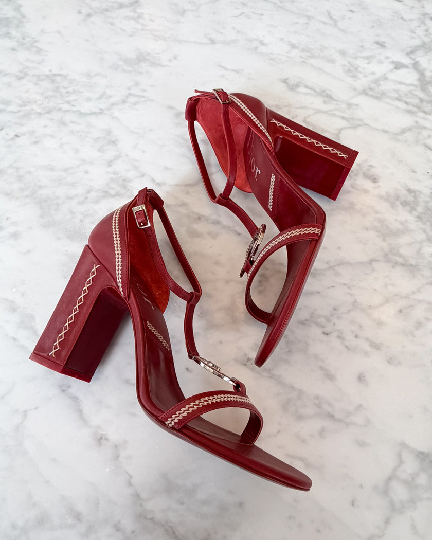 Dior by John Galliano S/S 2005 Red Leather CD Logo Strap Sandal Heels UNWORN (39)