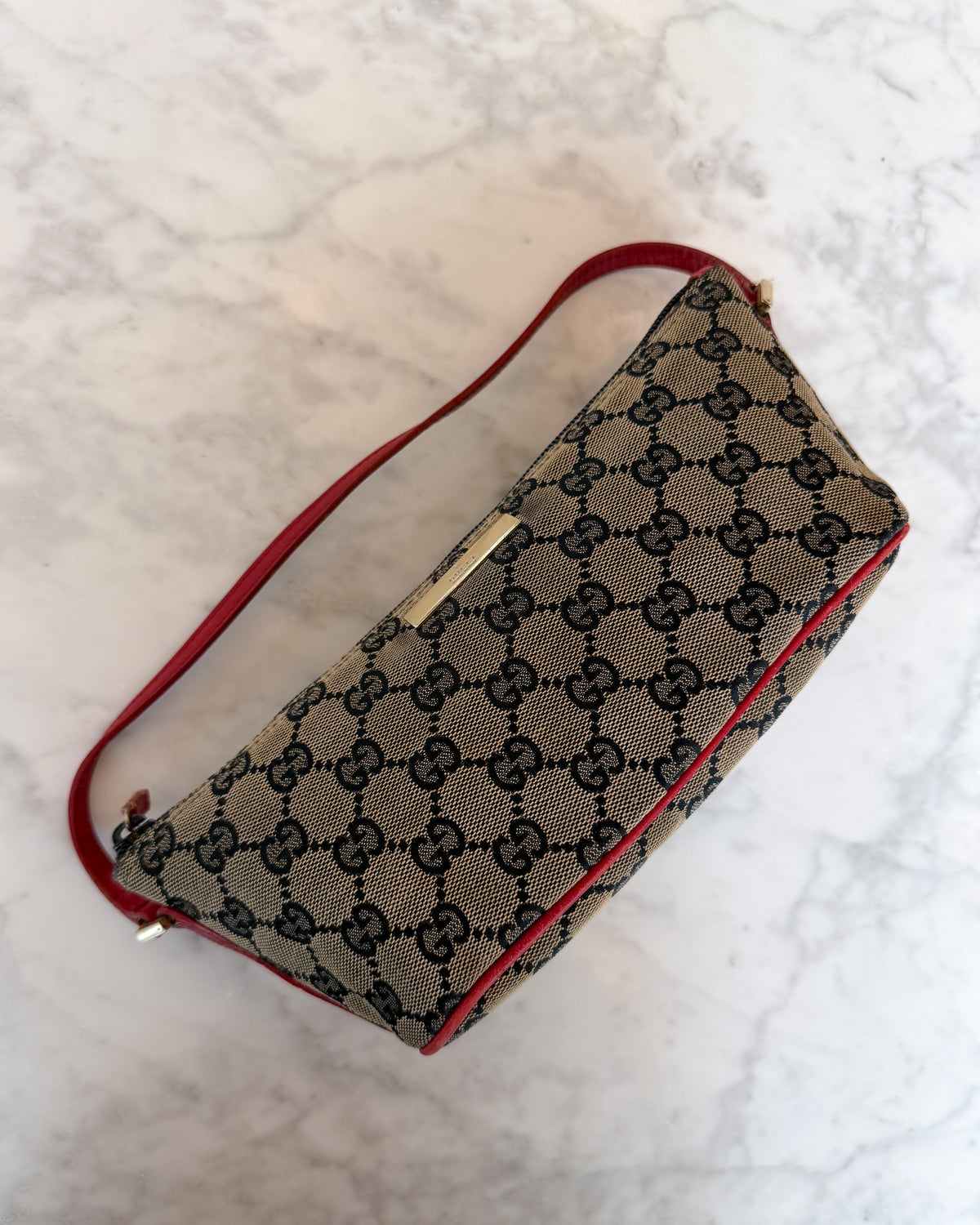 Gucci Boat Monogram Handbag with Red Handle