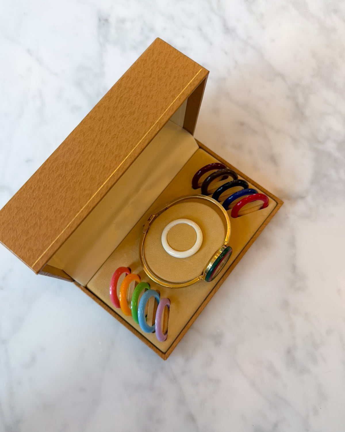 Vintage Gucci 345 Gold Bangle Watch with 12 Interchangeable Bezels & Box