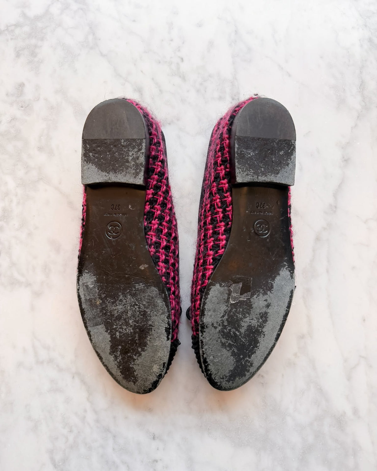 Chanel Hot Pink & Black Textured Tweed & Corduroy Cap-Toe Ballet Flats (37)