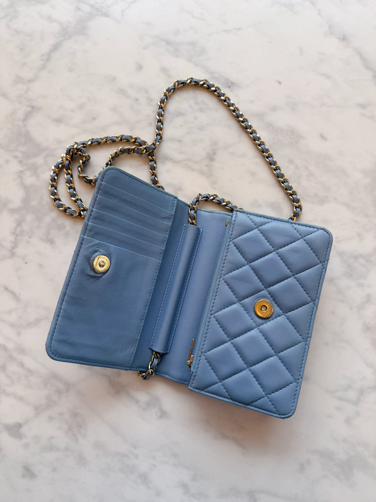 Chanel Sky Blue Quilted Lambskin Wallet On Chain Gold Hardware - 2020