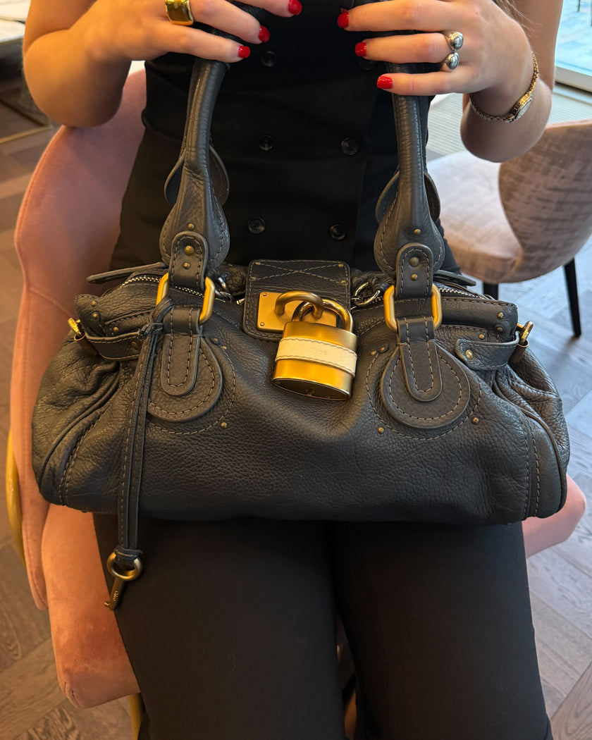 Chloé Paddington Black Navy Leather Handbag with Gold Padlock & Keys