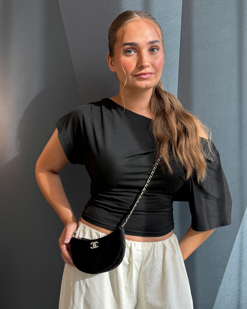 2024 Chanel Black Velvet Crystal CC Half Moon Bag