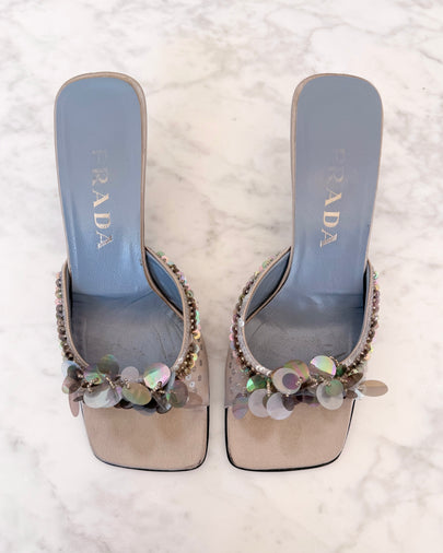 Archival Prada Silver & Baby Blue Satin Sequin Embellished Kitten Heel Mules (38) - VERY RARE