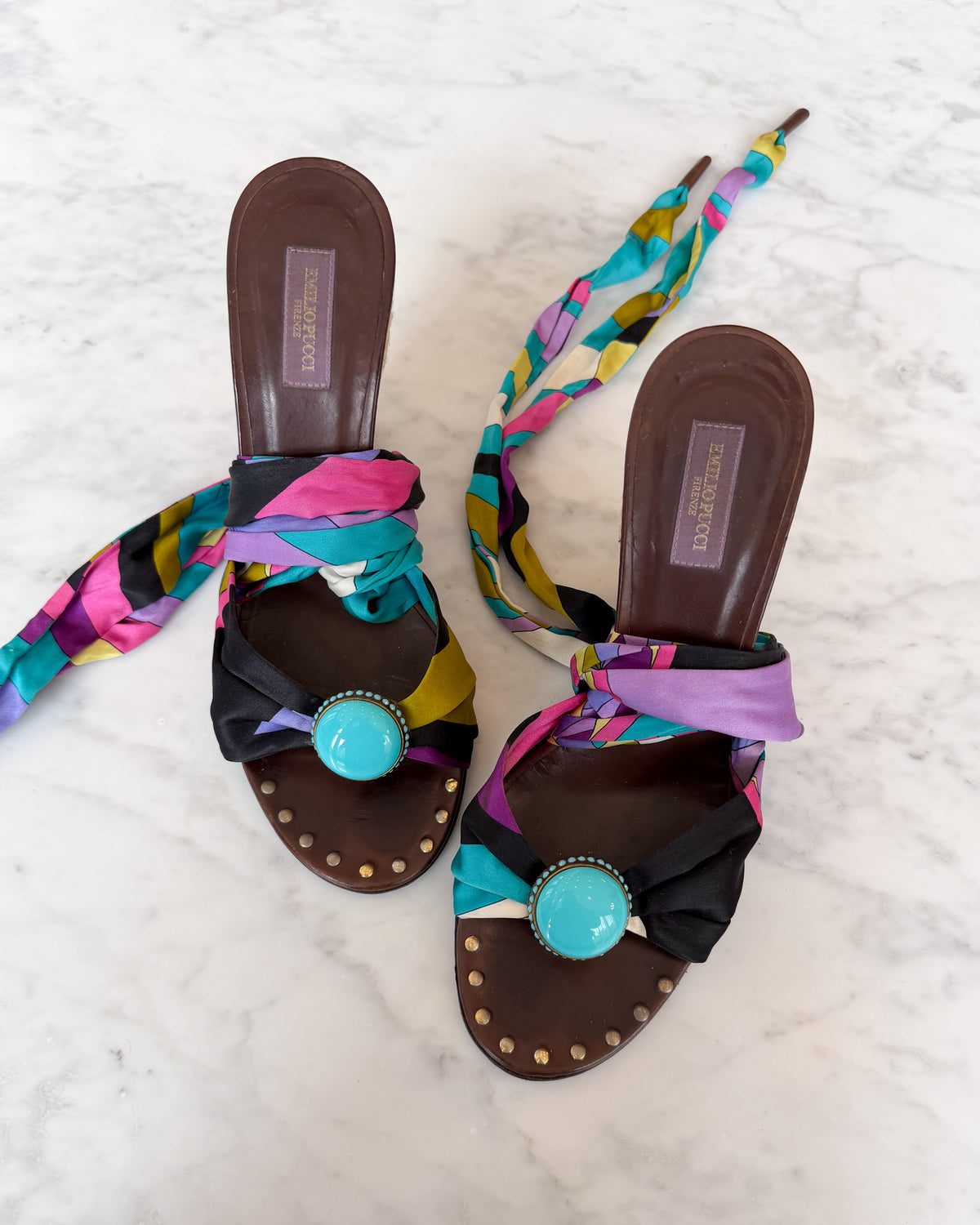 Emilio Pucci Multicolour Print Bow Wedge Sandals (38)