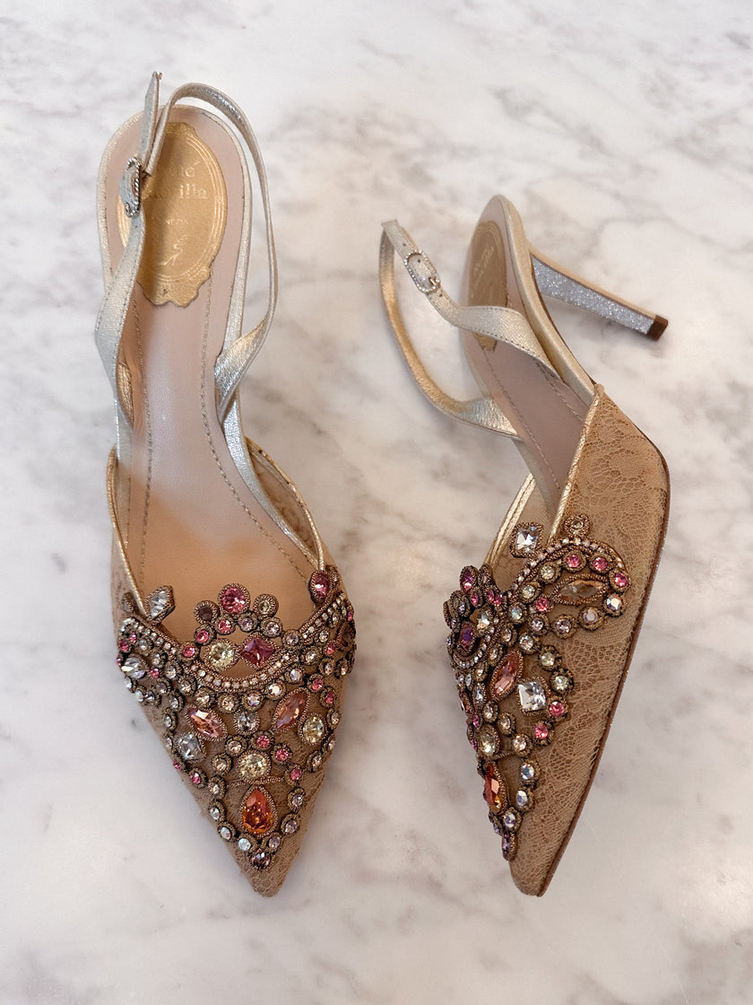 René Caovilla Sparkly Embellished Slingback Heels (39)