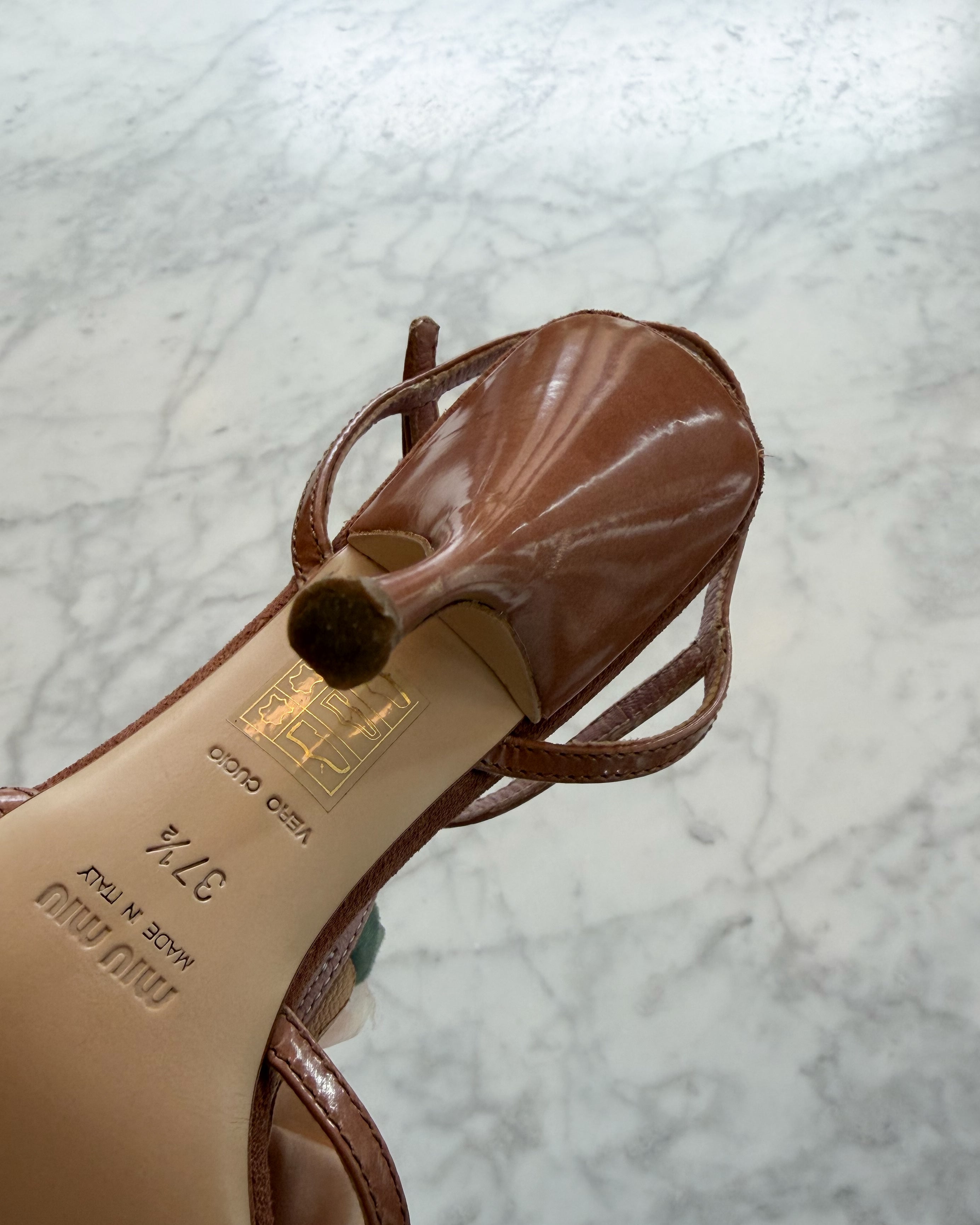Miu Miu 2000s Silk Rose Floral Leather Strappy Heels (37.5)