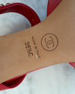 Chanel Watermelon Red Leather CC Logo Chain Open Toe Heels with Clover Charm (36.5)