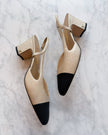 BRAND NEW Chanel Champagne Shimmer & Black Cap-Toe Slingback Pumps (38.5)