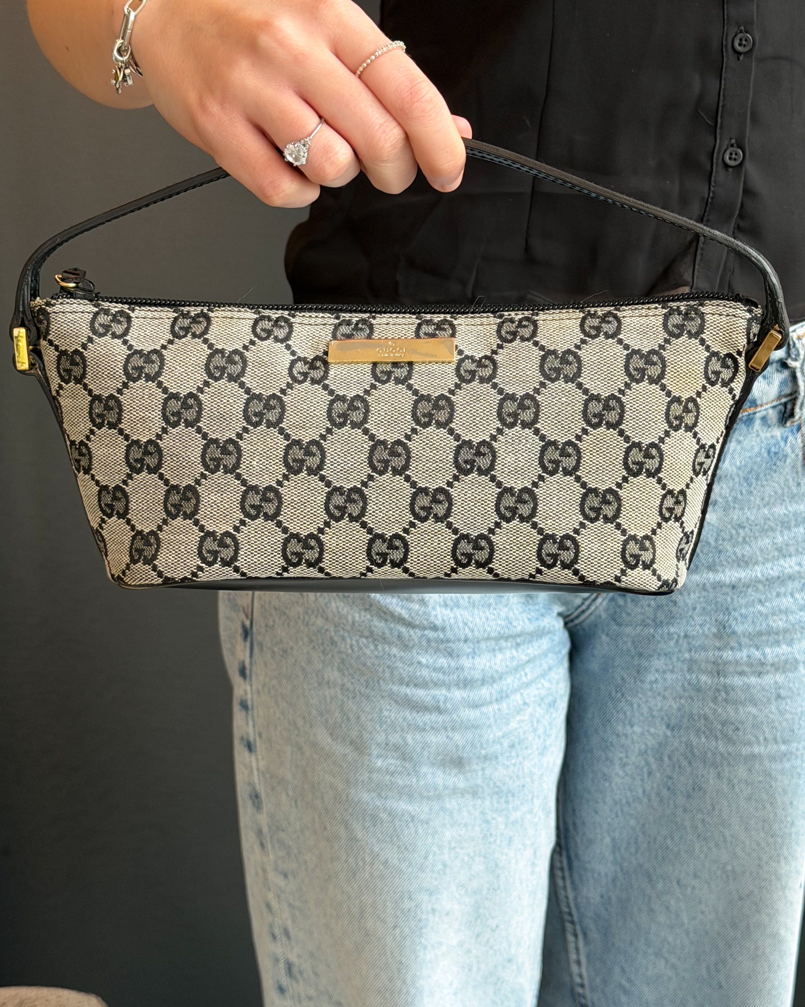Gucci Boat Monogram Handbag with Black Handle