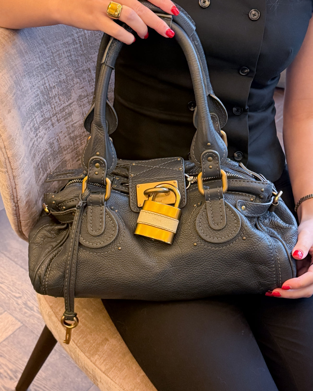 Chloé Paddington Black Navy Leather Handbag with Gold Padlock & Keys