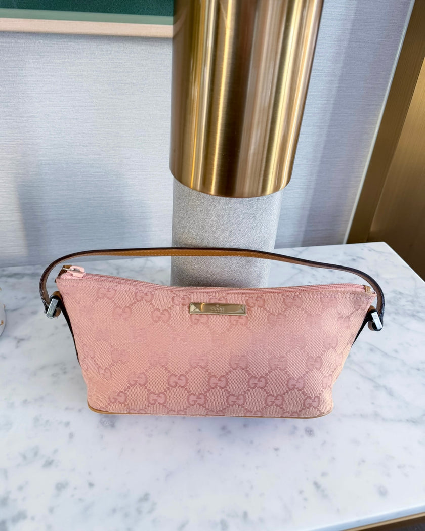 Gucci Baby Pink GG Monogram Boat Handbag with Camel Handle - RARE COLOUR