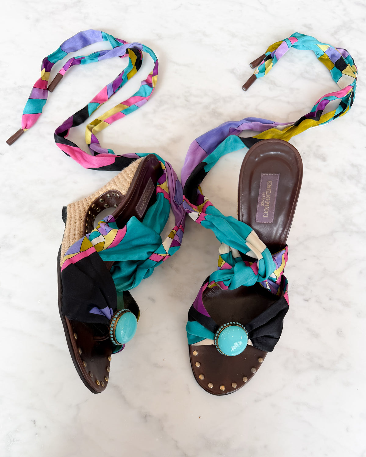Emilio Pucci Multicolour Print Bow Wedge Sandals (38)