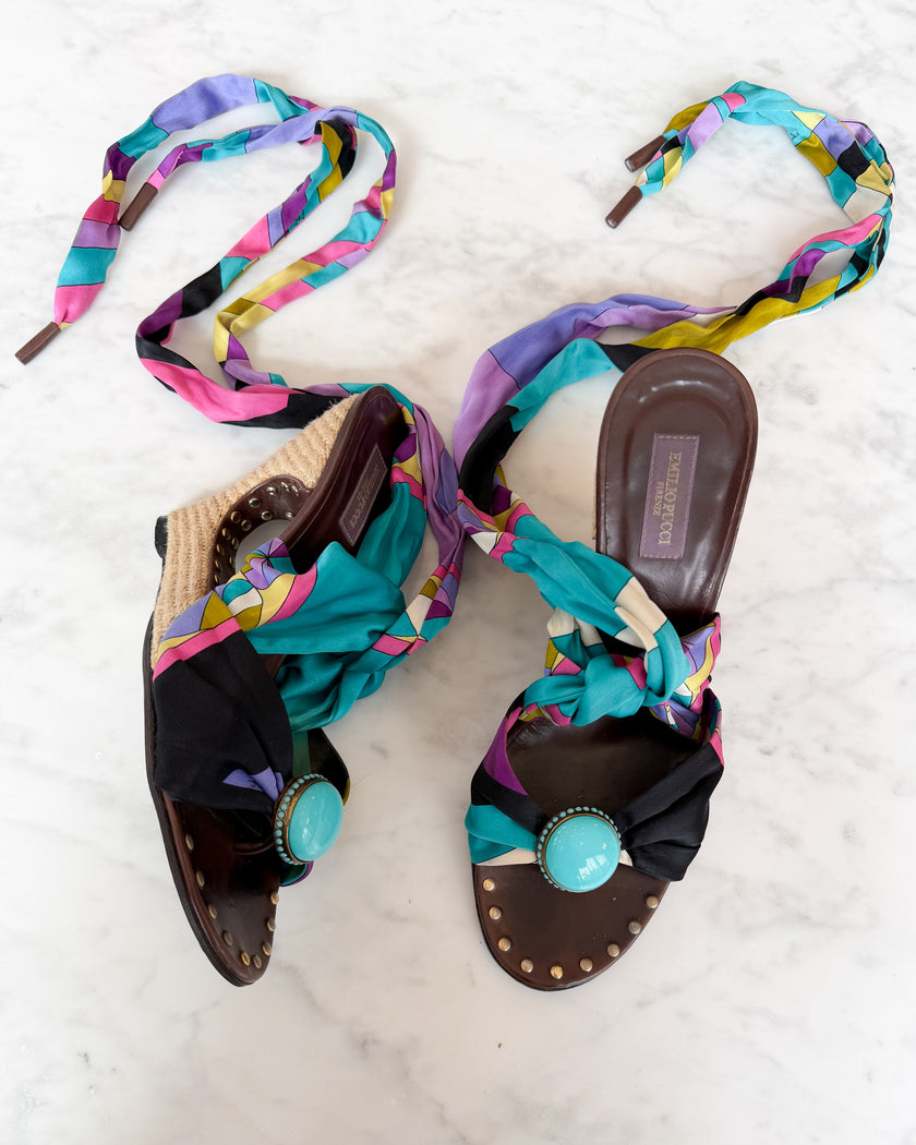 Emilio Pucci Multicolour Print Bow Wedge Sandals (38)