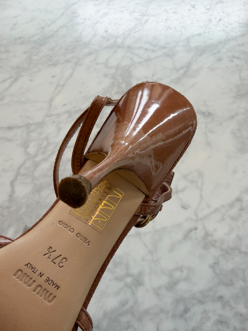 Miu Miu 2000s Silk Rose Floral Leather Strappy Heels (37.5)