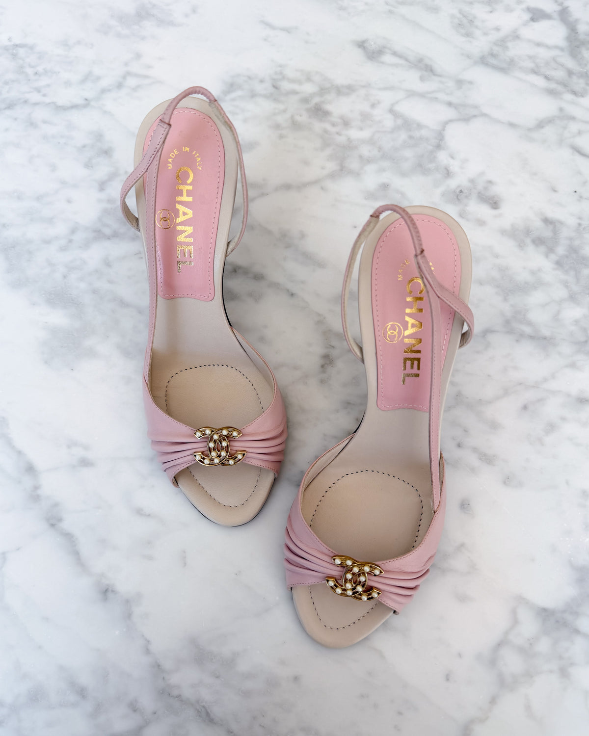 UNWORN Chanel Blush Pink Pearl CC Logo Slingback Heels (36.5) - VERY RARE