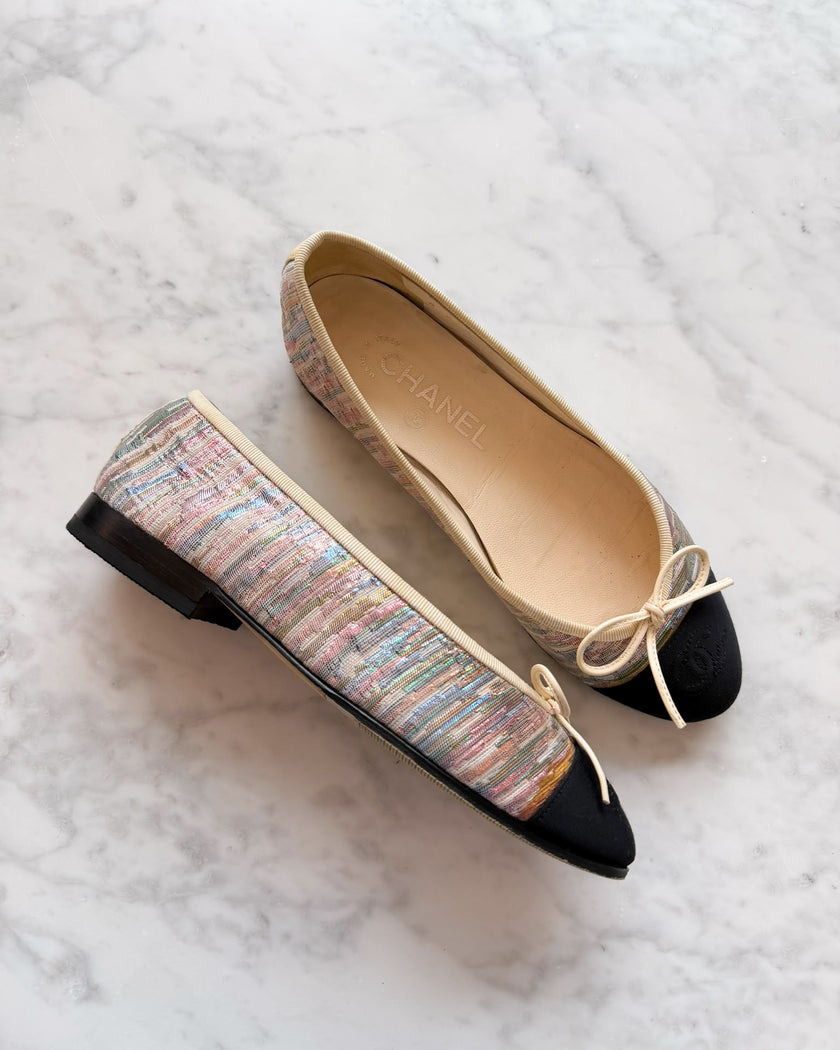 Chanel Multicolour Pastel Metallic Lurex & Black CC Ballet Flats (36) - VERY RARE