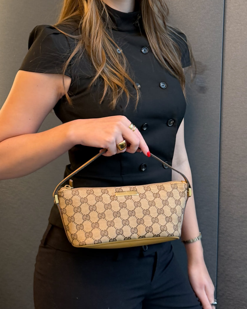 Gucci Beige & Brown GG Monogram Canvas Boat Bag with Beige Handle