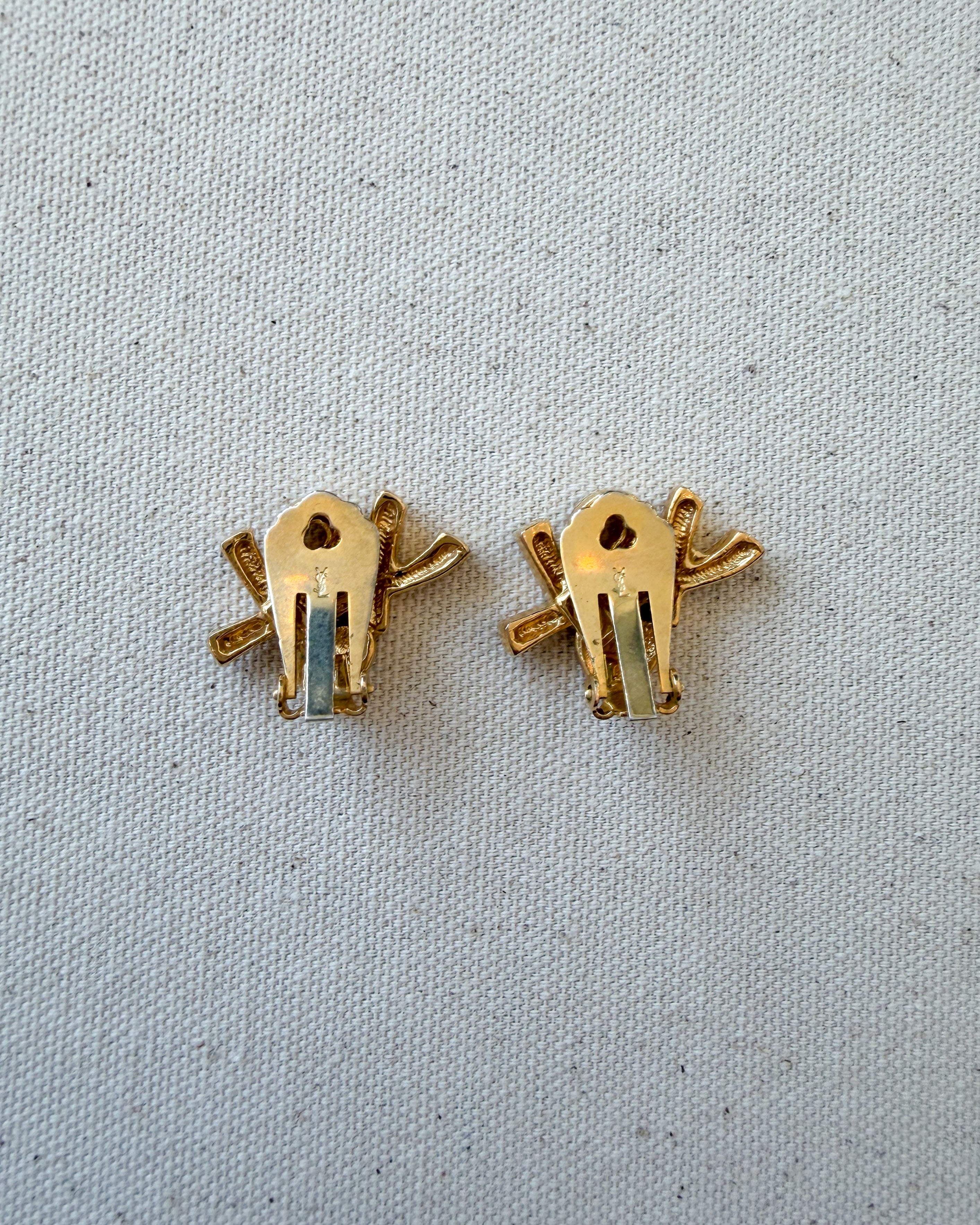 Yves Saint Laurent Vintage Gold-Tone Logo Heart Clip-On Earrings with White Crystals