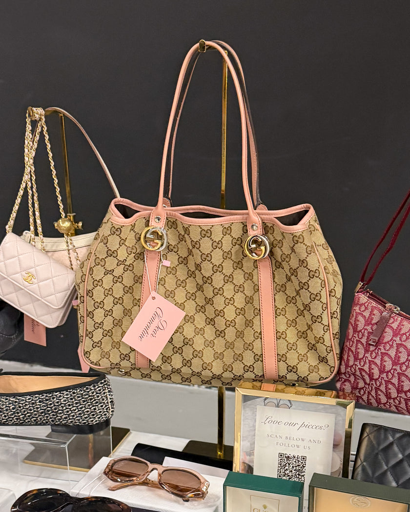 Gucci GG Twins Beige Monogram Canvas Tote Bag with Baby Pink Leather Trim