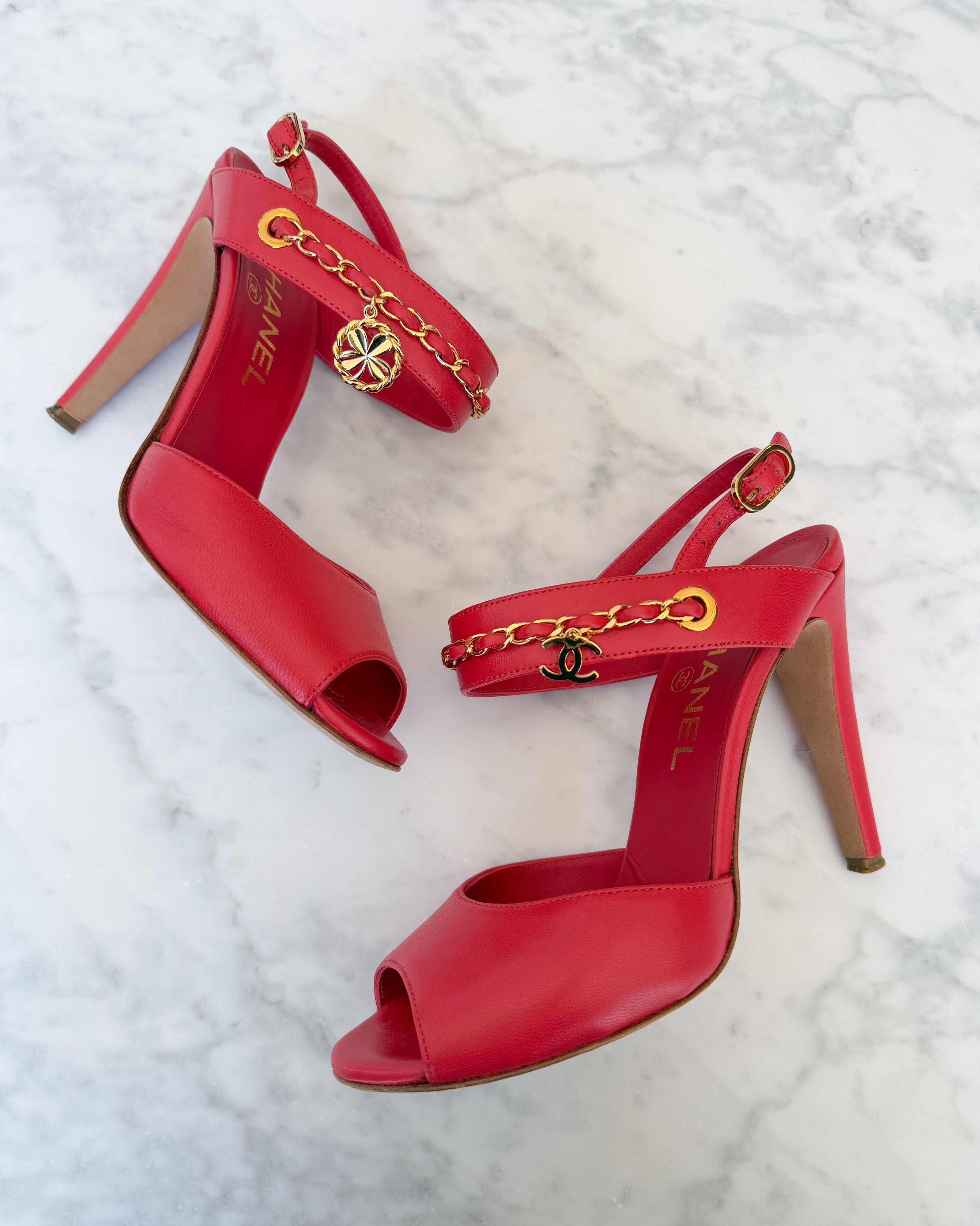 Chanel Watermelon Red Leather CC Logo Chain Open Toe Heels with Clover Charm (36.5)