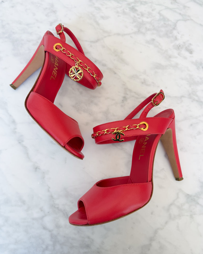 Chanel Watermelon Red Leather CC Logo Chain Open Toe Heels with Clover Charm (36.5)