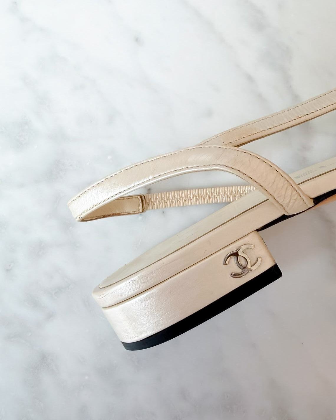 Chanel Pearl White & Black CC Cap Toe Slingbacks (36.5)