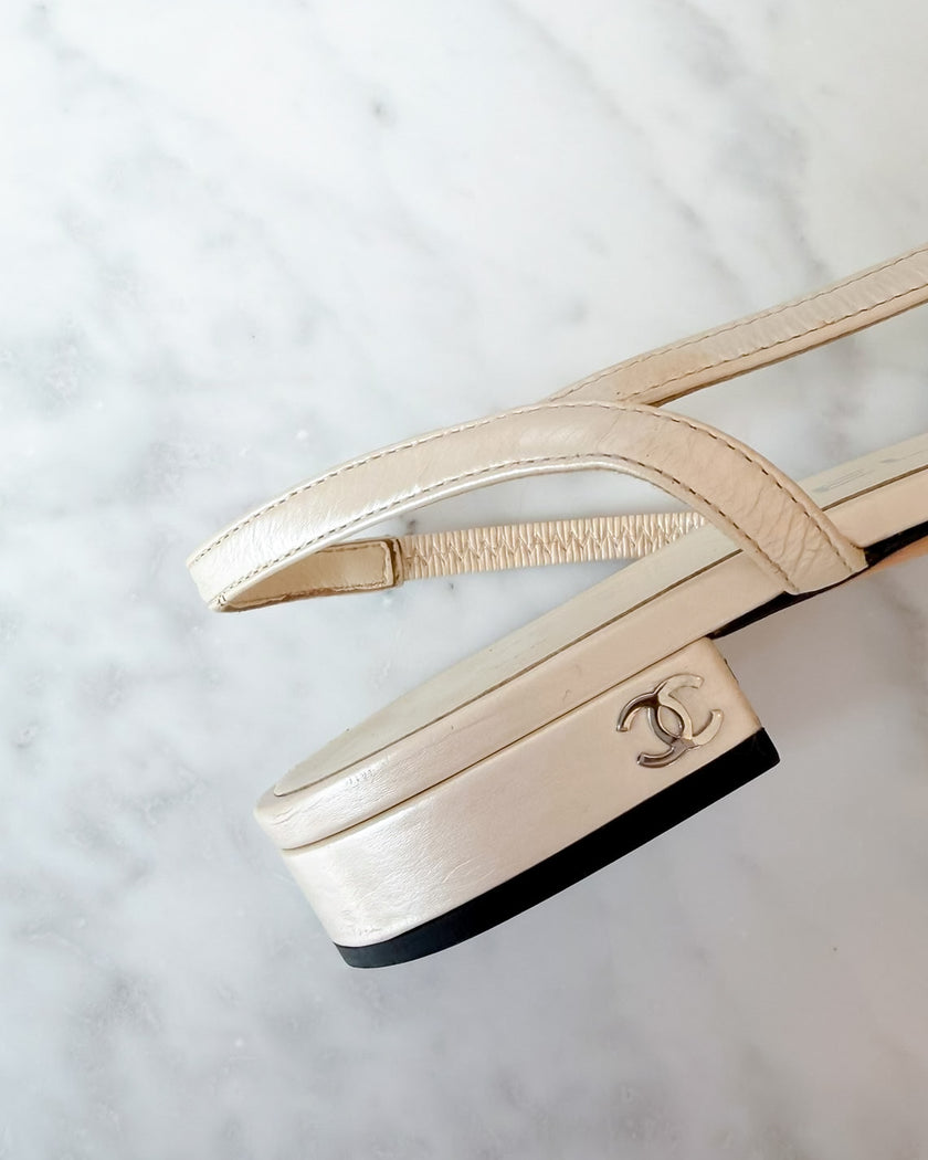 Chanel Pearl White & Black CC Cap Toe Slingbacks (36.5)
