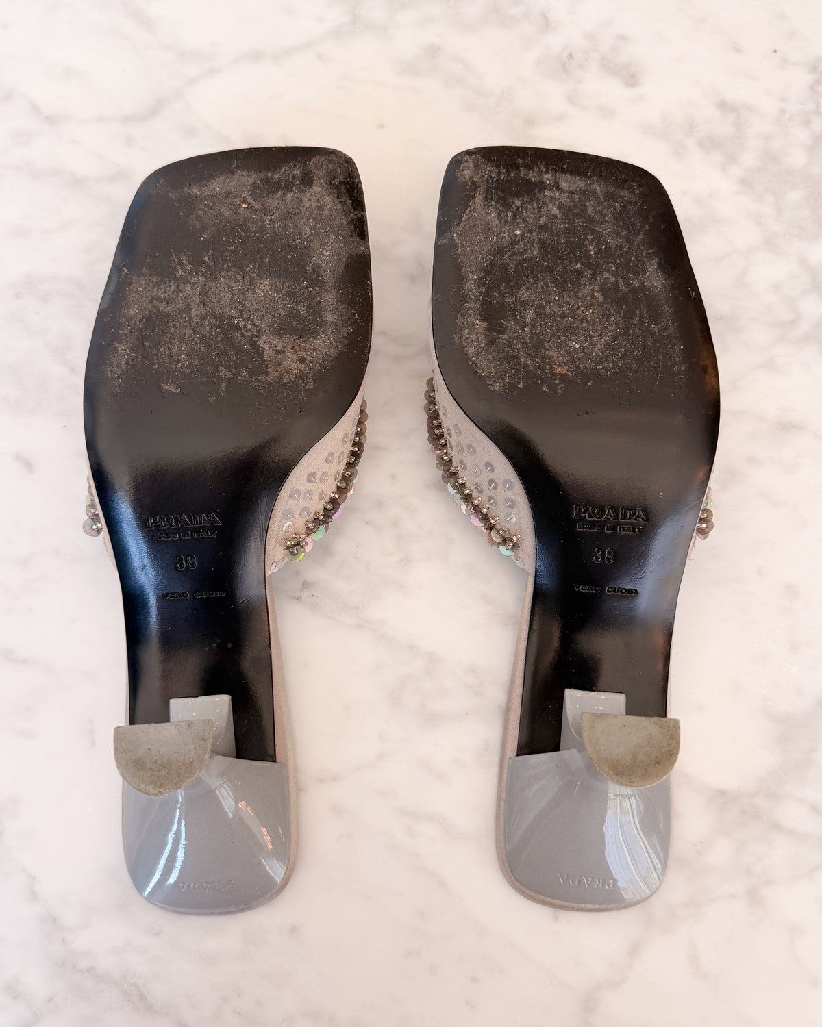 Archival Prada Silver & Baby Blue Satin Sequin Embellished Kitten Heel Mules (38) - VERY RARE