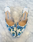 Manolo Blahnik Blue Floral Kitten Heel Mules (37.5)